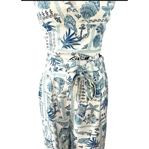 Midnight sky 2 Piece M Coastal Blue Seashell Print Crop Top Pants Linen Blend