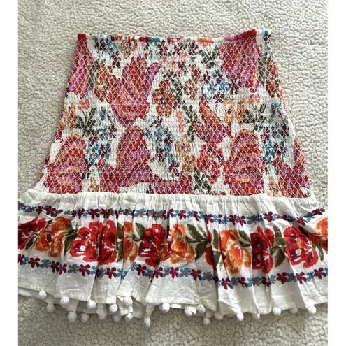Farm Rio Womens Spring Bananas Smocked Mini Skirt Floral Pom Pom Trim Size M