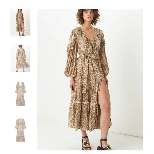 Spell & The Gypsy Leopard Print button detail ruffledAda Gown Size XSmall Boho Tan