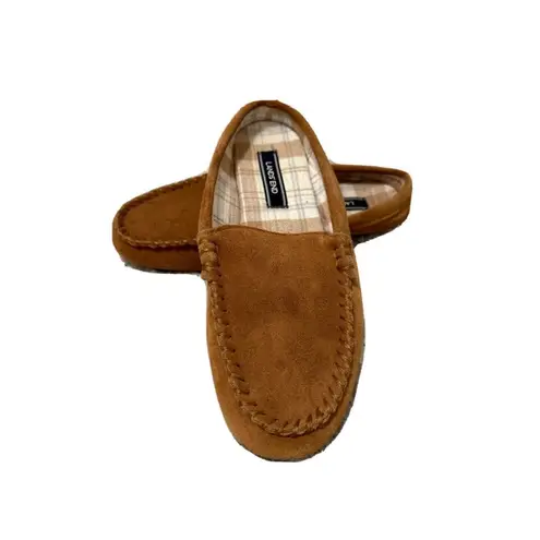 Lands' End  Suede Leather Moccasin Slippers Plaid liner Tan Women’s 7