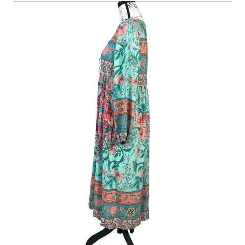R. Vioimos Boho Maxi Dress M Turquoise Floral Paisley Tassel Tie Neck Hippie Size M