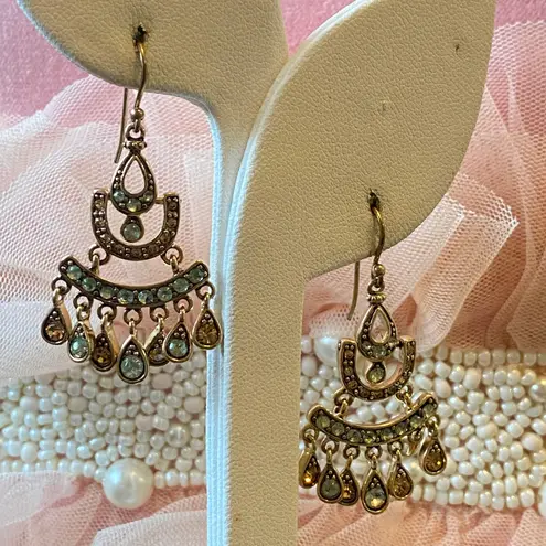 Vintage Glamour Gold Tone Teal Amber Crystal Chandelier Dangle Drop Earrings