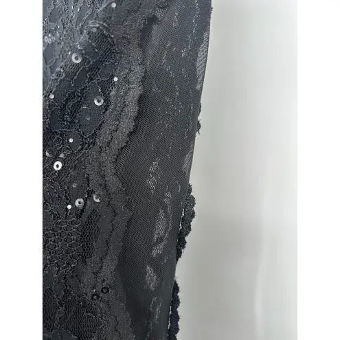 Lauren RALPH LAUREN Lace Sequin Black Dress 14 Ruched Waist Sheer Sleeve Formal