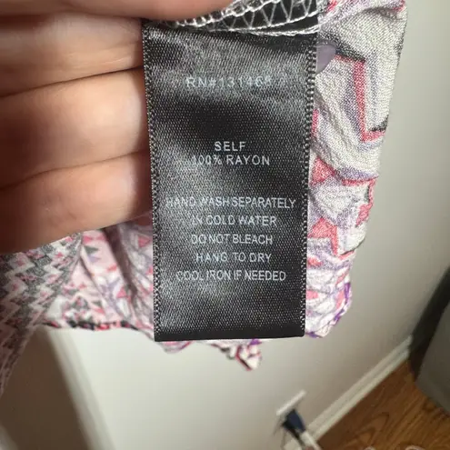 Fate Top Women L Pink Purple Long Sleeve Modest Abstract Ruffle Blouse Career Size L