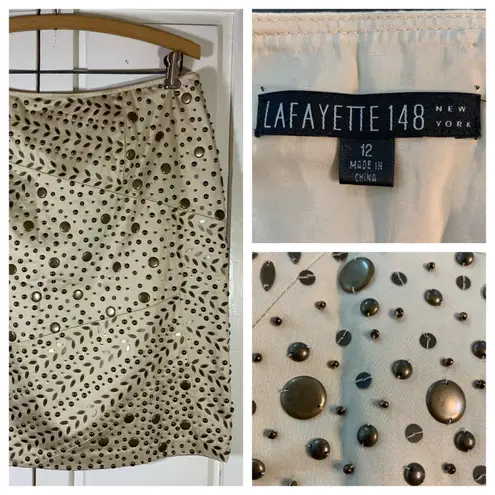 Lafayette 148 New York Skirt 12 Beige Bronze Studded Embellished Pencil READ Tan