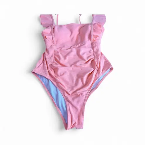 S Pink Ribbed Ruffle Tie Back One Piece Swimsuit Ruched High Cut