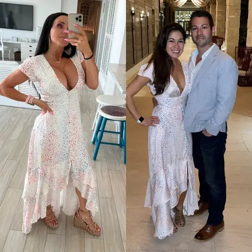 Hutch Multi Color Heart Maxi Dress White Satin Hi Low short sleeves V-neck 10