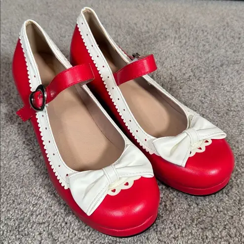 Women’s Red Chunky Heel Mary Jane Pumps Cute Bow & Hearts Round Toe Size 6 Red
