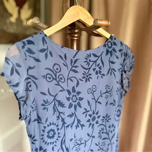 Vintage 90s Blue Floral Cap Sleeve Chiffon Midi Dress