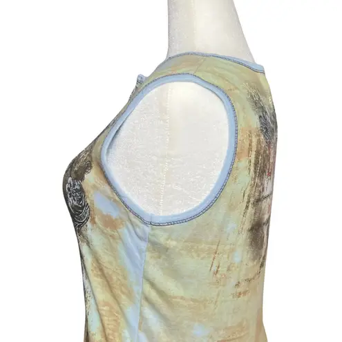 Vintage Y2K Blue Tan Rhinestone Graphic Tank 100% Cotton. Large. Western Artsy