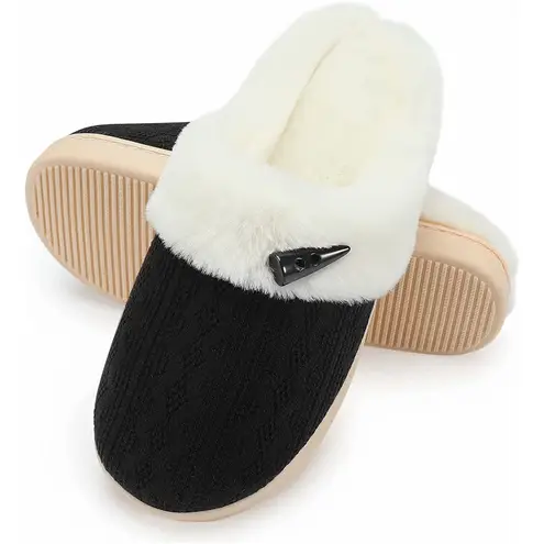 Comfy Warm Plush Fuzzy Memory Foam House Slippers With Fur Lining Black 5