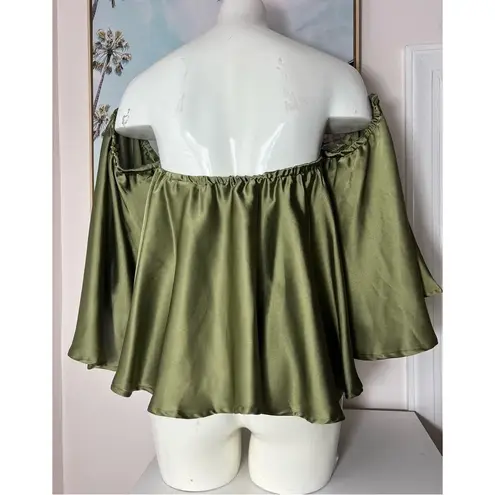 Missguided  Green Olive Satin Bardot Off The Shoulder Blouse Top Size 12 Large