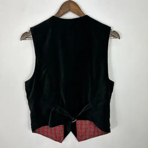 Karen Scott Sport Vest M Black Velvet Plaid Poinsettia Embroidered Christmas Vtg