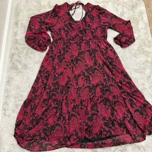 Torrid  Burgundy Paisley Tea Length Clip Dot Open Back A-Line Dress Plus Size 1X‎