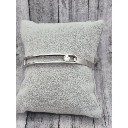 None Silver Stainless Steel Hinged Bangle Bracelet with Sliding Clear Crystal Accent