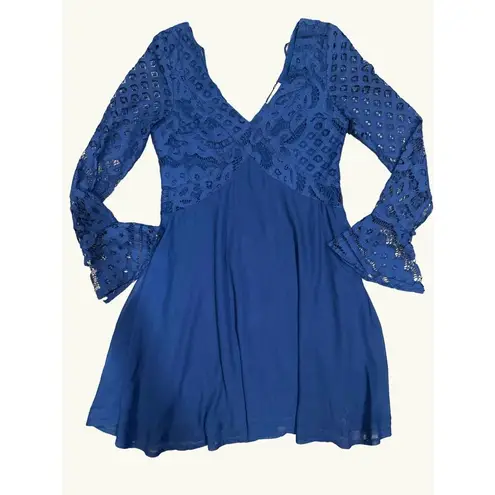Navy Blue Lace Long Sleeve VNeck Lace Chiffon Dress Flared Sleeves Back Tie Sz S