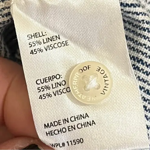 Weatherproof Vintage Blue & White Striped Washable Linen Tie Front Top | EUC