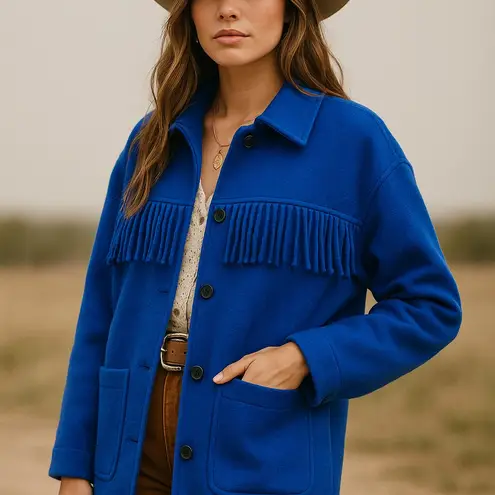 VTG Clifford & Willis Coat Royal Blue Fringe Trim Boho Chic Cowgirl Ranch Style Size XL