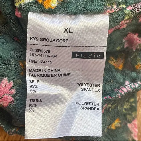 Elodie Floral Ruched Mesh Top XL Green Pink Sweetheart Neck Cottagecore village