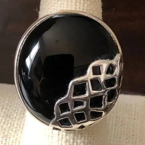 Artisan Vintage Black Onyx Cabochon Sterling Silver Cutout Cocktail Ring Sz 8