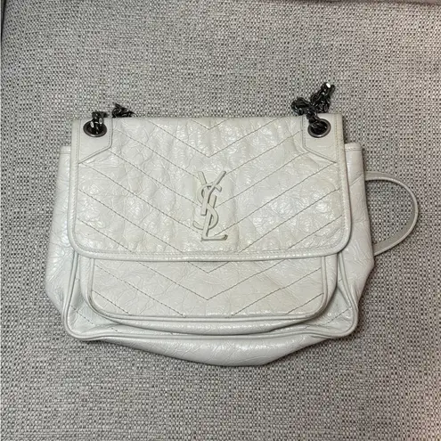 YSL Saint Laurent Niki Medium Flap Shoulder Bag in White Crinkled Leather