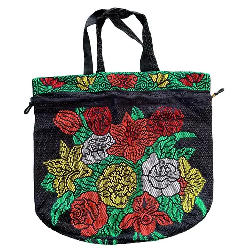 Vintage Hong Kong Candy Beaded Floral Tote Bag 80s 90s Y2K Festival Bag Black