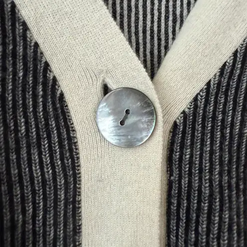 BRODIE Cashmere sz S Striped V Neck Button Up Cardigan Sweater Preppy Collegiate Tan