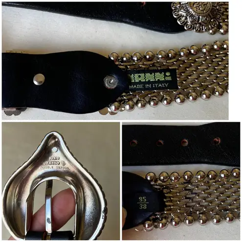 Vintage Nanni Italy Mesh Chain & Leather Belt w/ Paris Osmeco Buckle 95/38 Black