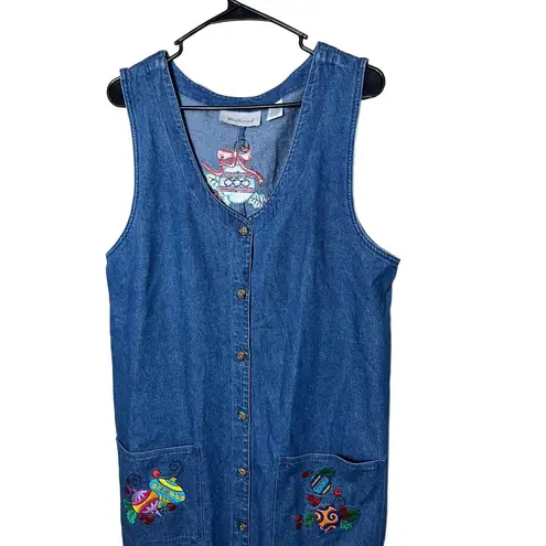 Westbound Vintage Christmas Denim Maxi Dress Button Front Embroidered L