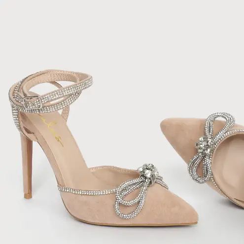 Lulus Brand NEW 8.5 Lullie Light Nude Suede Rhinestone Ankle Strap Stiletto Heel Silver