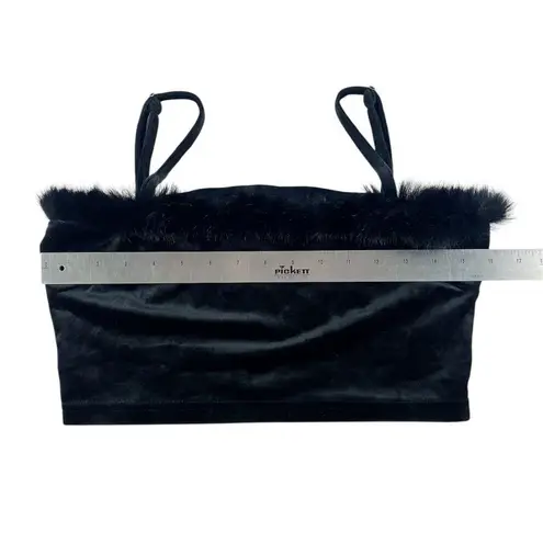 Kittenish Party Girl Black Velvet Spaghetti Strap Crop Top Faux Fur Trim Medium