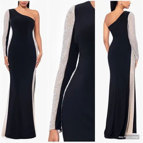 XScape "DORTHEY" LONG CAVIAR BEADED JERSEY KNIT ONE SHOULDER LONG SLEEVE DRESS