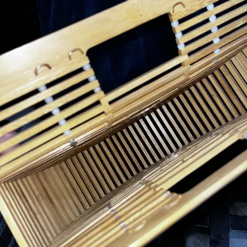 Bamboo Half Moon Arc Handbag Wooden Summer Retro Woven Summer Beach Purse EUC Brown