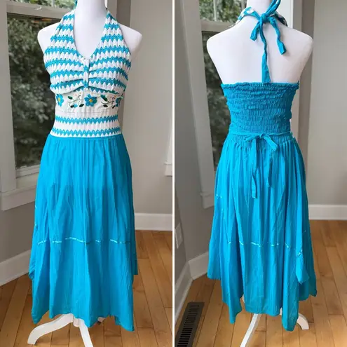 Vintage 70’s Handmade Turquoise Embroidered Halter Handkerchief Hem Dress Small Blue