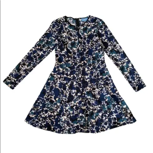 Simply Vera Wang Dress Blue Tan Floral A Line Long Sleeve Fit & Flare Size XS