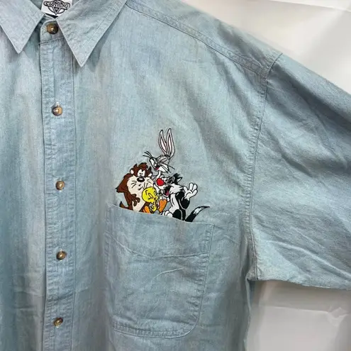 Vintage ACME light wash blue denim embroidered looney tunes button cotton shirt Size XL