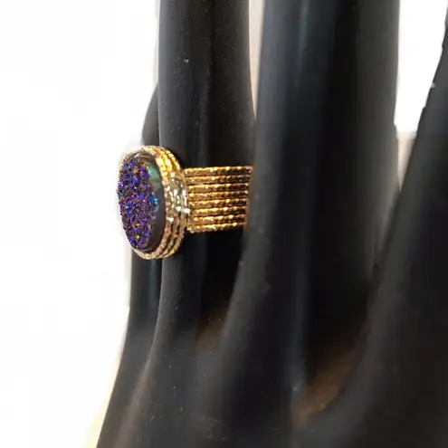 14K SOLID YELLOW GOLD WITH BLUE DRUZY QUARTZ STACKED WRAP STYLE RING (5.25)