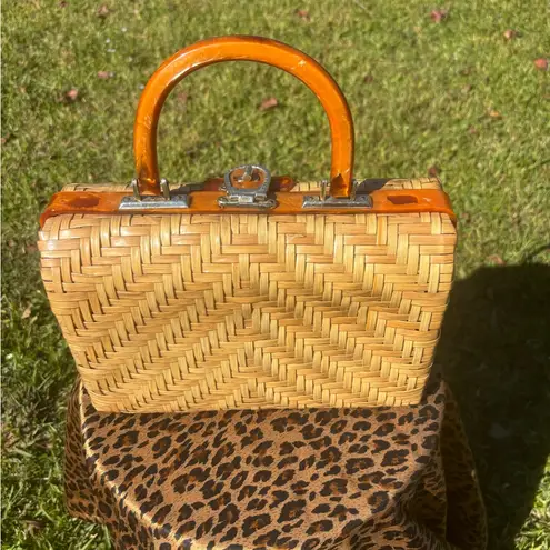 Vintage Woven Purse Bag Amber Lucite and Gold Tone Made in British Hong Kong