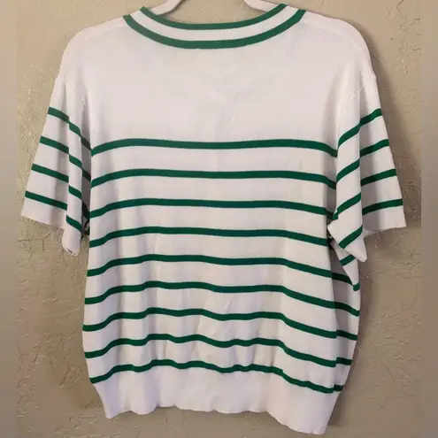 Pretty Garden Striped Short Sleeve Cardigan Sweater Green White Pearl Buttons L Size L