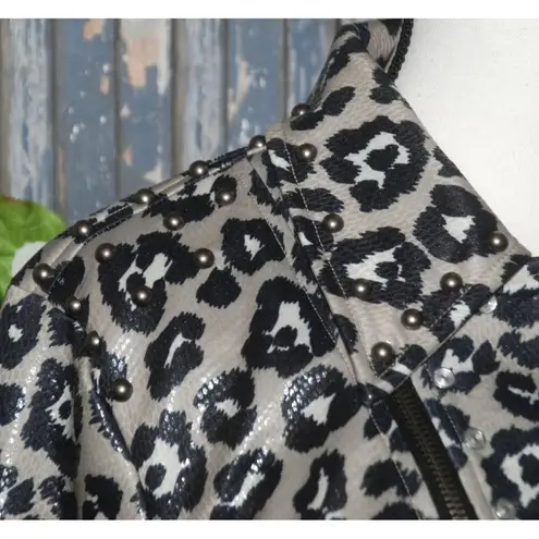 Crazy Train NWT Leopard Print Moto Jacket Size M Zip Up Studded Vegan Leather