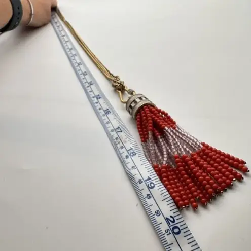 Stella & Dot Retired Coral Red Gold Beaded Brio Tassel Necklace Long