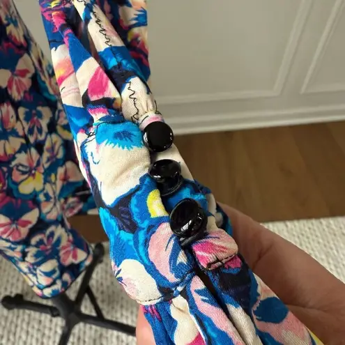 Paco Rabanne Floral Pansy Button Up Mock Neck Peplum Blouse $800 40 8 Blue