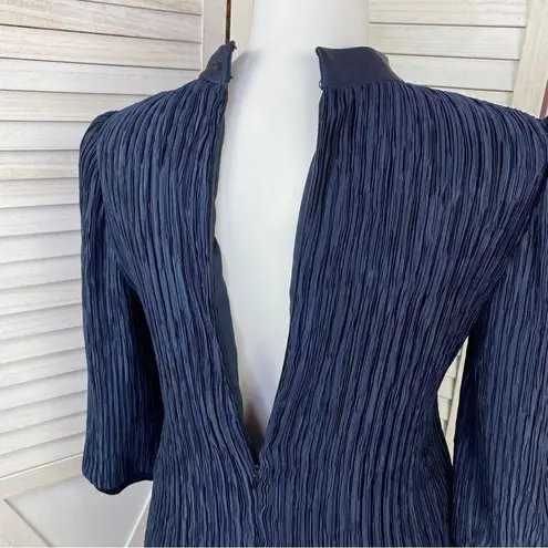 Vintage Pierre Labiche Plisse Satin Scrunch Pleated Puff Sleeve Blouse Blue 16 Blue