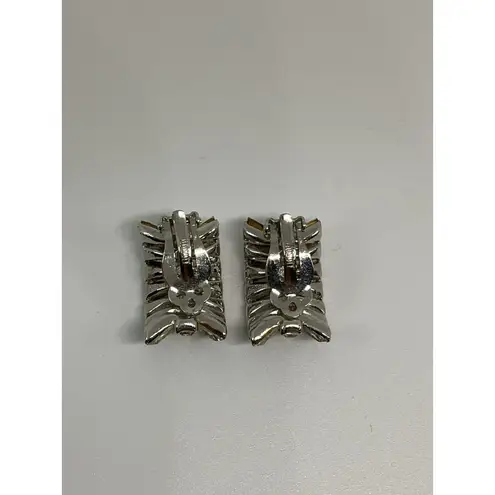 Vintage Clear Rhinestone Earrings Clip On Baguette Valentines Wedding Bling 1" Silver