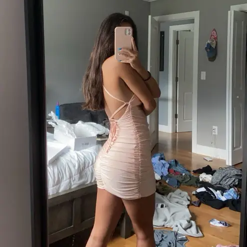 Lucy in the Sky Light Pink Satin Lace-Up Back  Mini Dress