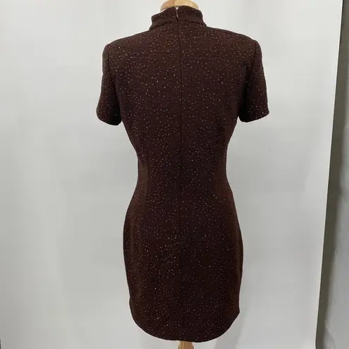 Vintage 90s Mockneck Mini Dress Short Sleeve Glitter Dot Textured Brown Womens M Size M