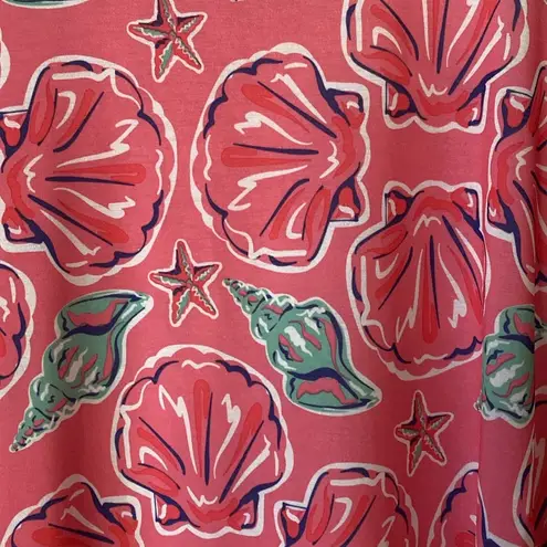 Simply Southern  Tassel Hem S/S Pink Aqua Sea Shell AOP Scoop Neck Size LARGE