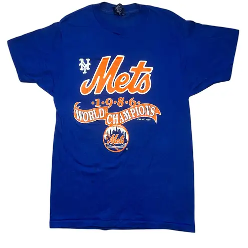 VTG 1986 New York Mets World Champions T Shirt Retro MLB Womens M Single Stitch Blue Size M