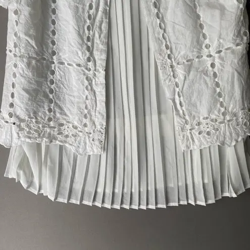 ADIVA White Eyelet Lace Pleated Hem Short Sleeve Top Women sz S Boho Cottage