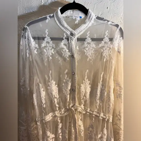 Lace Kimono by Given Kale crochet lace crystal buttons ribbon tie bohemian Y2K Size L